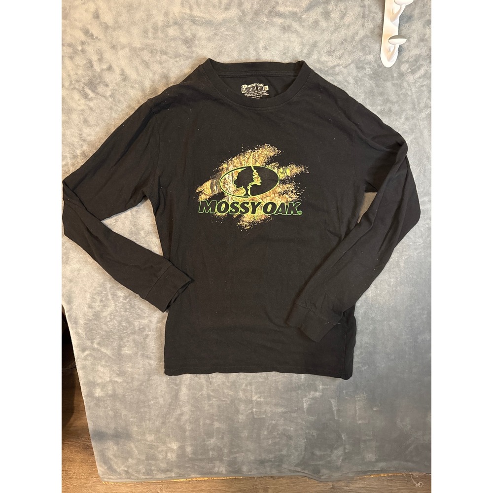 Mossy Oak Mens Long Sleeve Graphic T-Shirt Black Camo Logo Staghorn Creek Medium